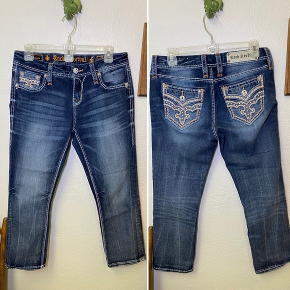 Rock Revival Delara Mid-Rise Curvy Crop Bling Jeans Women's 27 Fleur De Lis Stud - Picture 1 of 16